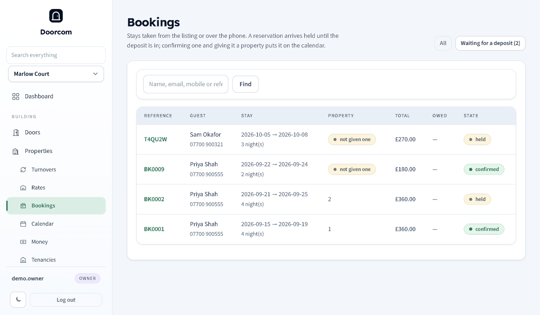 The bookings list: reference, guest, stay, property, total, owed and state