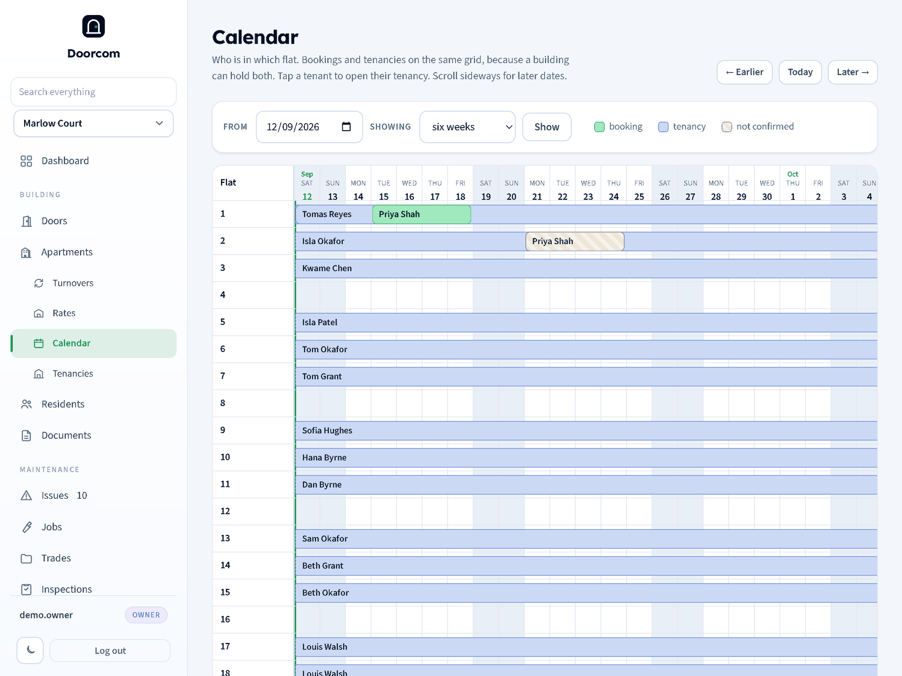 The calendar: a sticky column of flat numbers and a scrolling track of days, with coloured bars for bookings and tenancies