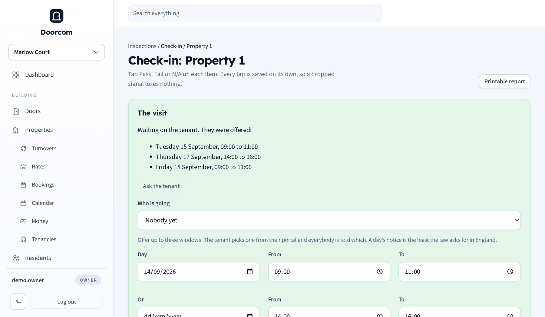 The visit block on an inspection: who is going, and three windows offered to the tenant, with the state saying it is waiting on them