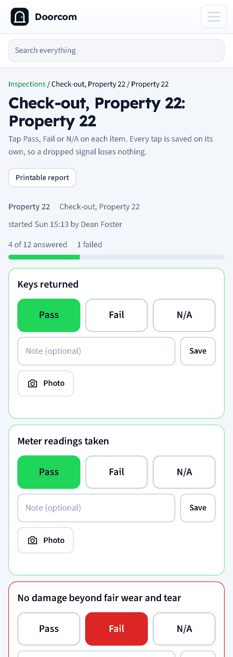 An inspection on a phone: each item with pass, fail and not applicable buttons, a note and an add-photo button