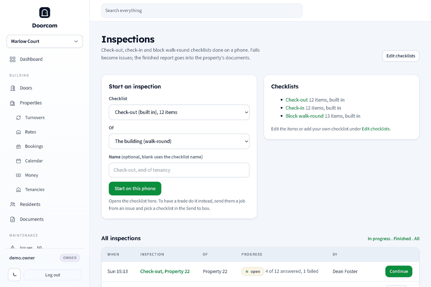 The inspections list: open and finished inspections with what they were of, and the form to start one from a checklist