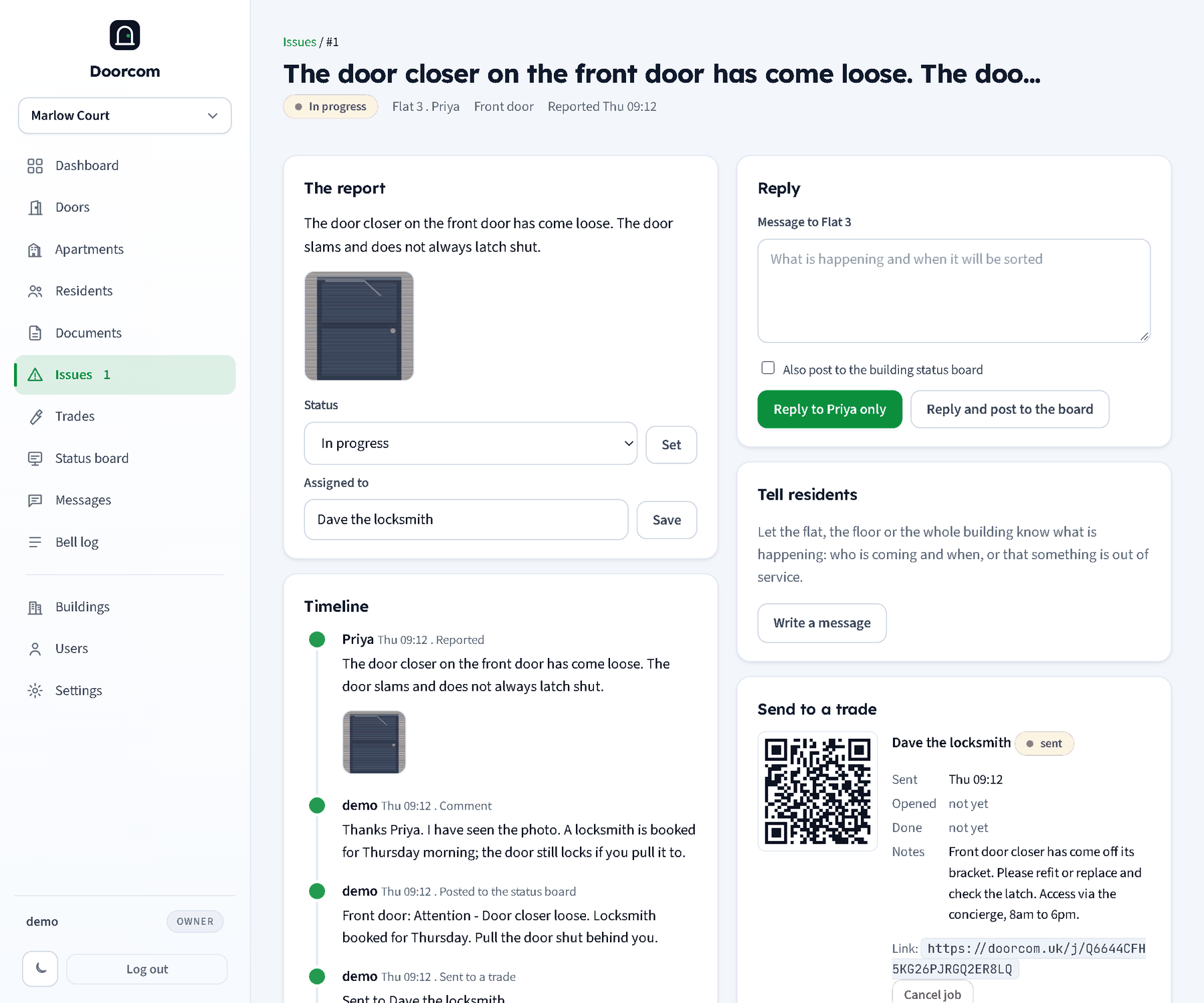 An issue page: the report with its photo, status and assignee, the timeline, the reply box with the board option, Tell residents, and the job sent to a trade with its QR and link