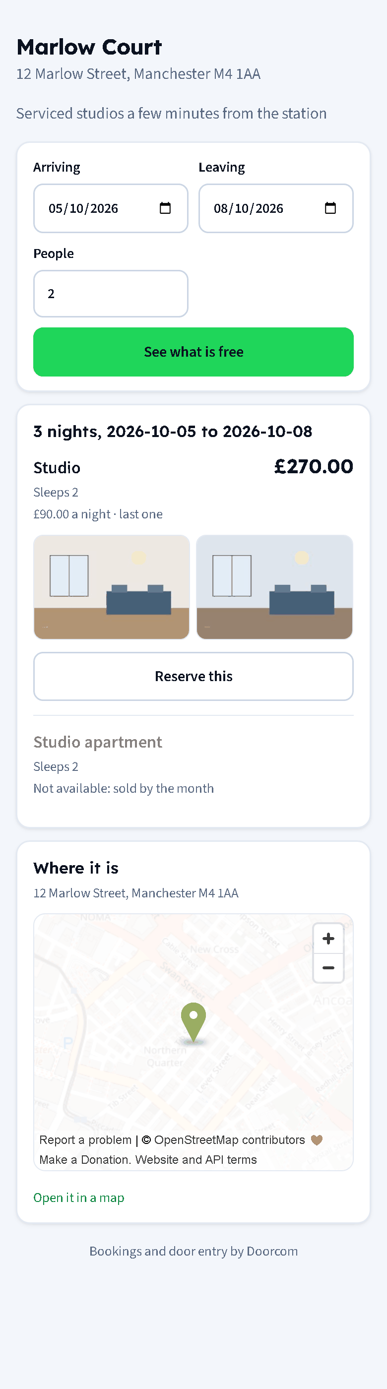 The listing on a phone: the building, a date search, and each rate card with its price, photos and a Reserve button