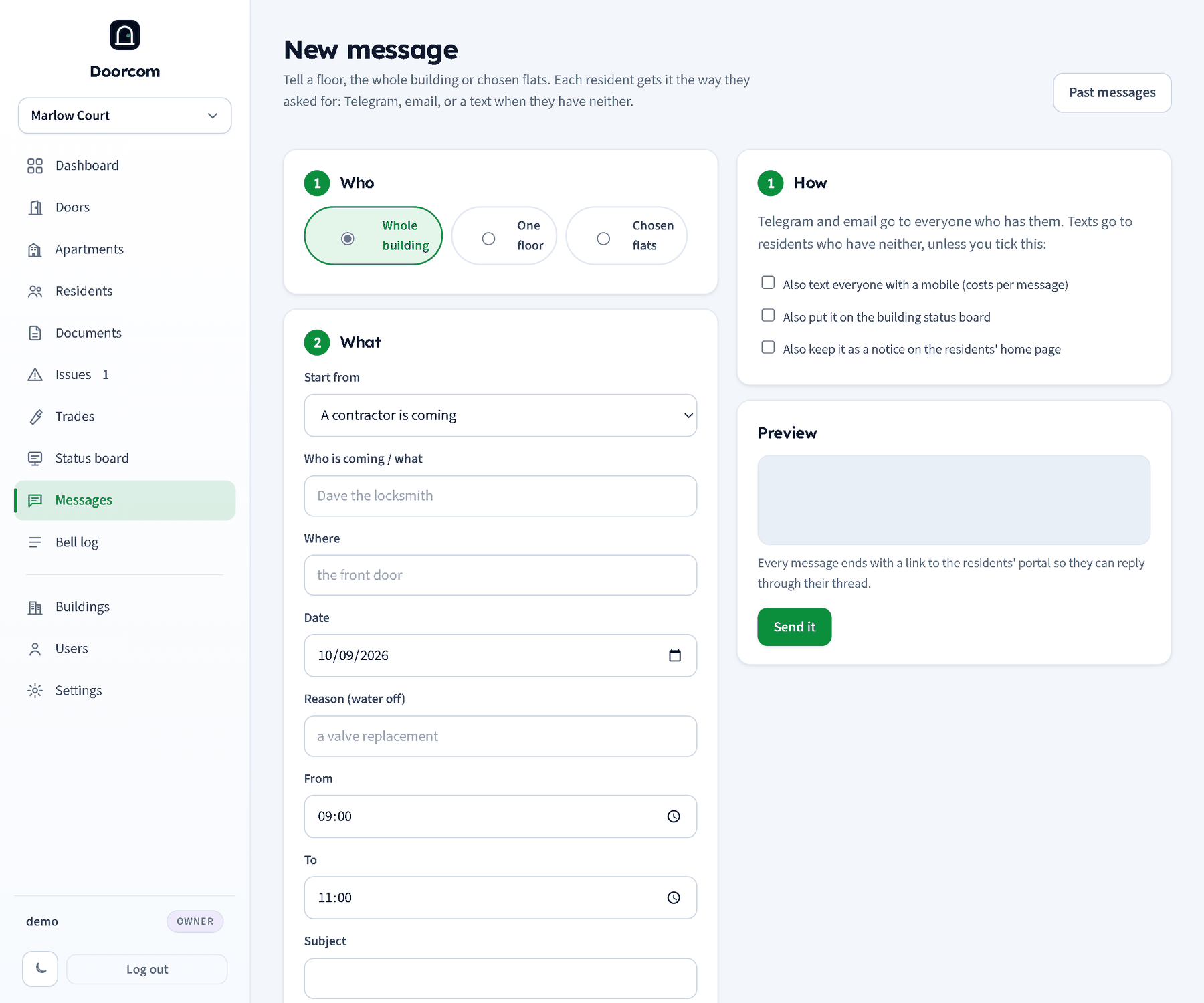 New message: step 1 Who with Whole building, One floor and Chosen flats; step 2 What with a template, who, where, date, from and to; the message text and the preview; step 3 How