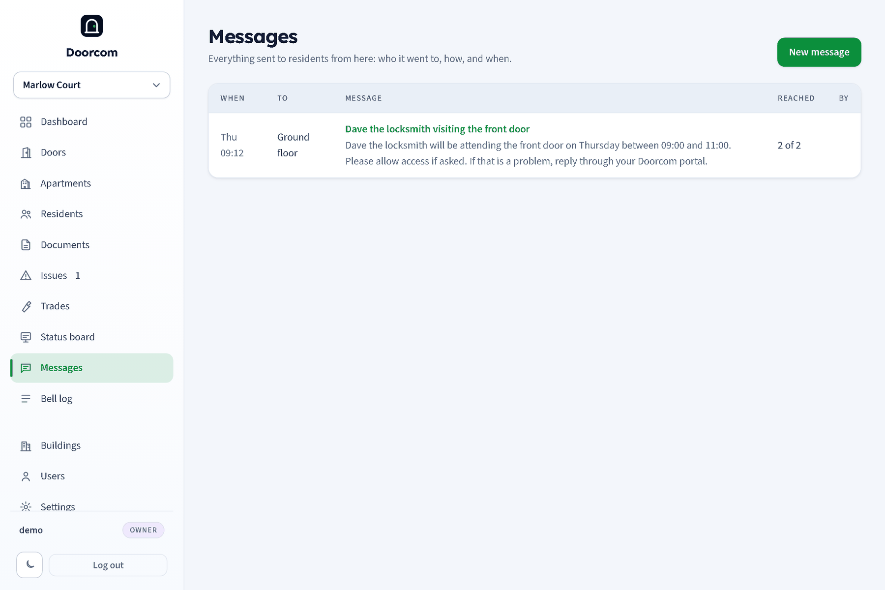 The messages list: each message with its audience, subject, when it went and how many residents got it