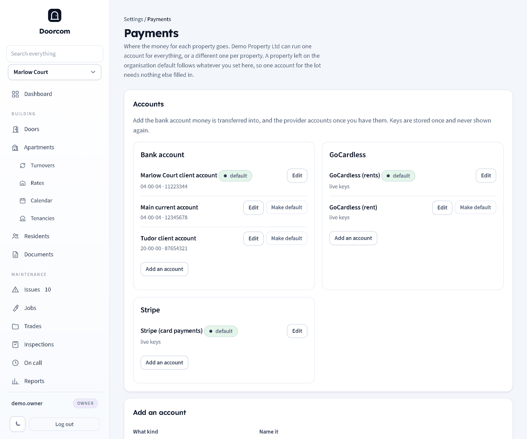 Settings, Payments: the organisation's accounts grouped by kind, with the default marked and an Edit button on each