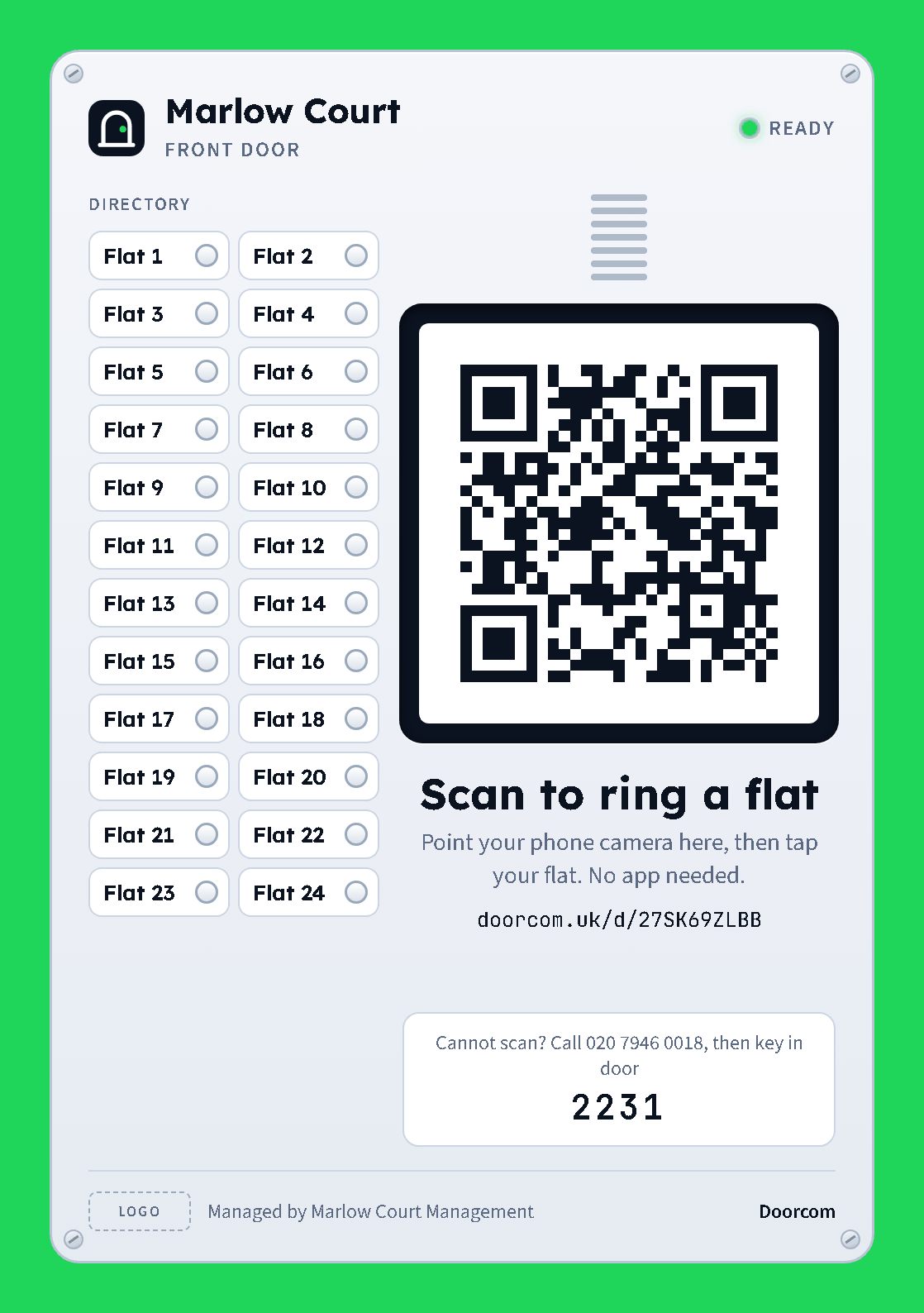 The A5 poster: a faceplate with the building and door names, a directory of flats, the QR code, Scan to ring a flat, the short URL, and the phone line with the dial code