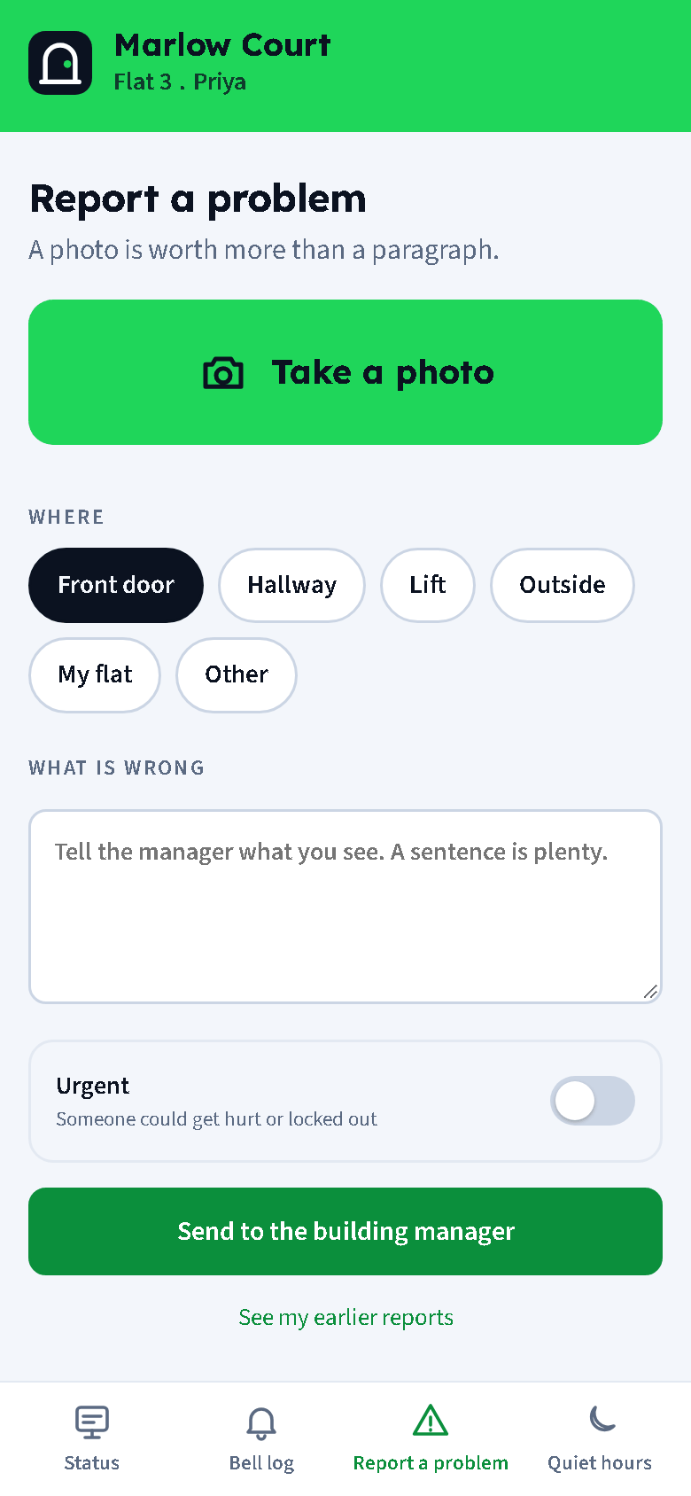 The report a problem form
