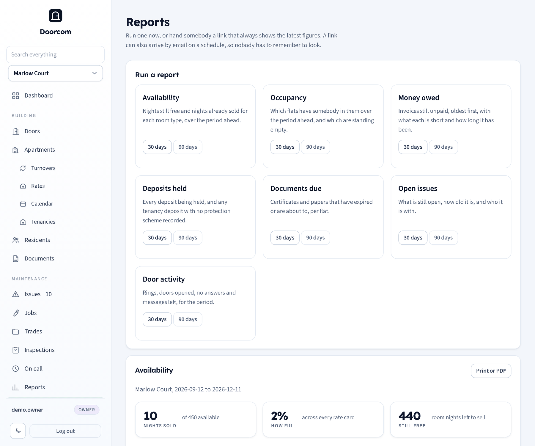 Run and share: the menu of reports with 30 and 90 day buttons, a run report with its headline figures and table, and the shared links underneath