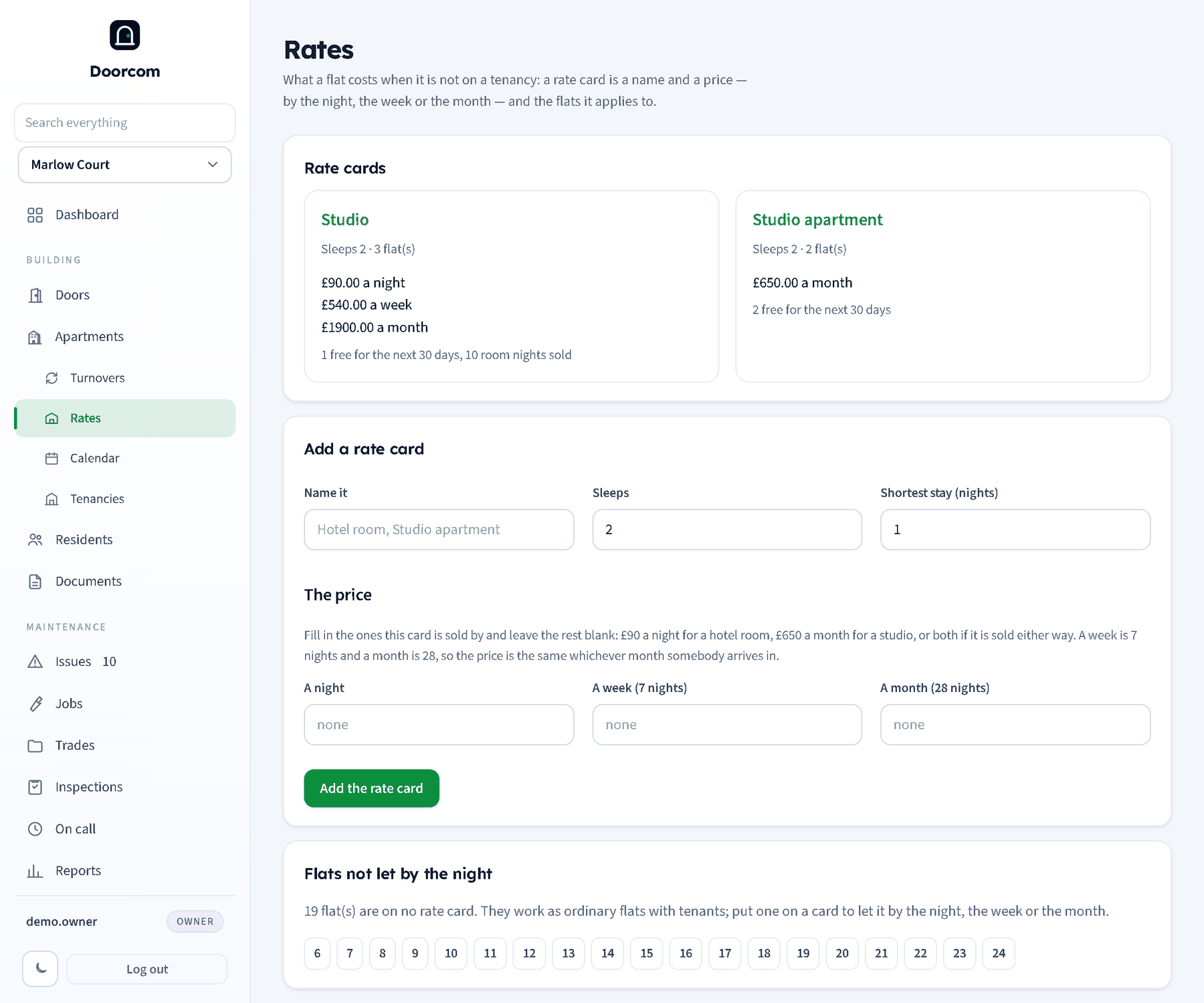 Rates: the rate cards with their prices and how many flats are free, and the form with the name, sleeps, shortest stay and the three prices