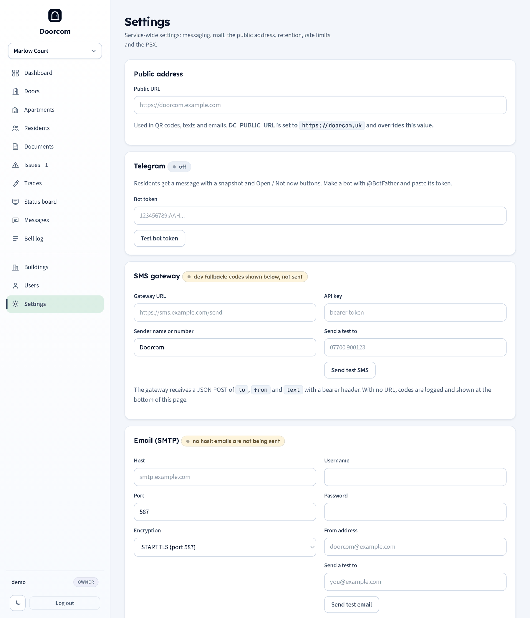 The Settings page: Public address, Telegram, SMS gateway, Email (SMTP), Retention and limits, PBX (calls) and Billing
