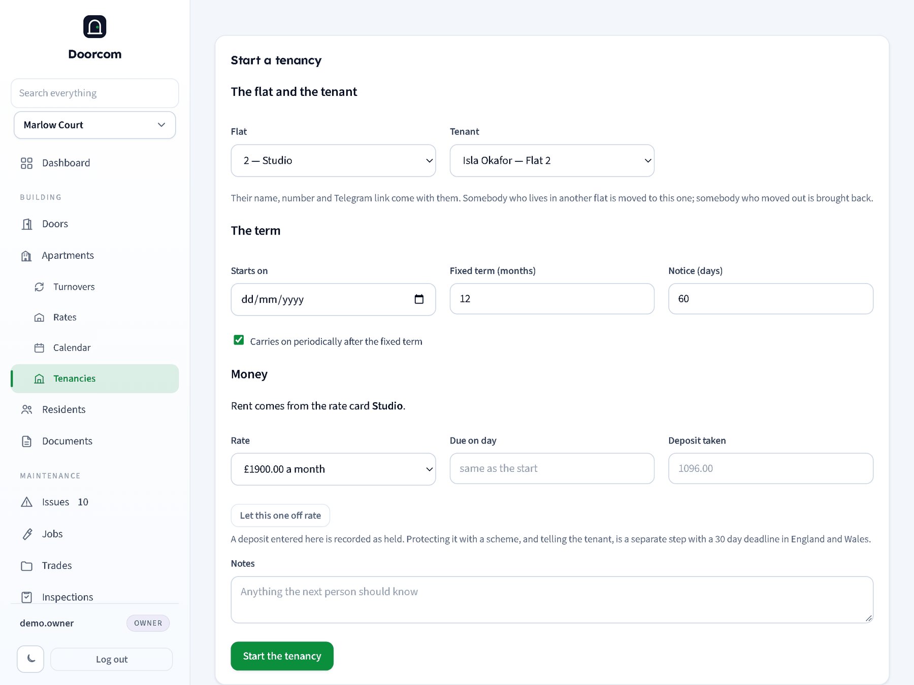 The start form with a flat on a rate card picked: the rent comes from the card, with a dropdown of its prices and a button to let this one off rate