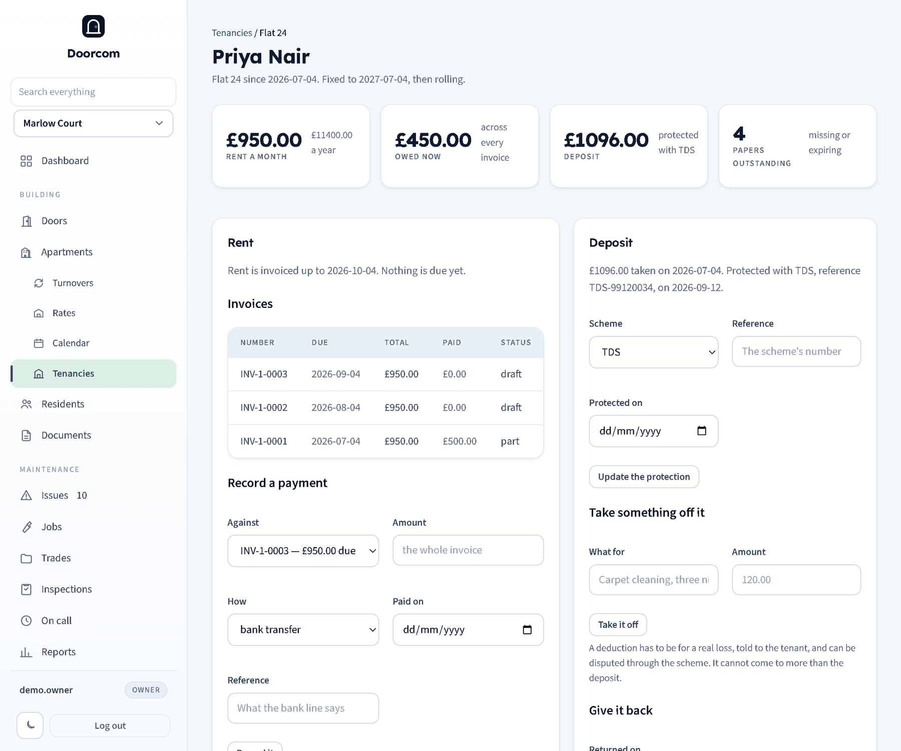 One tenancy: the rent, what is owed, the deposit and the outstanding papers, with the invoice list, the payment form and the deposit protection form