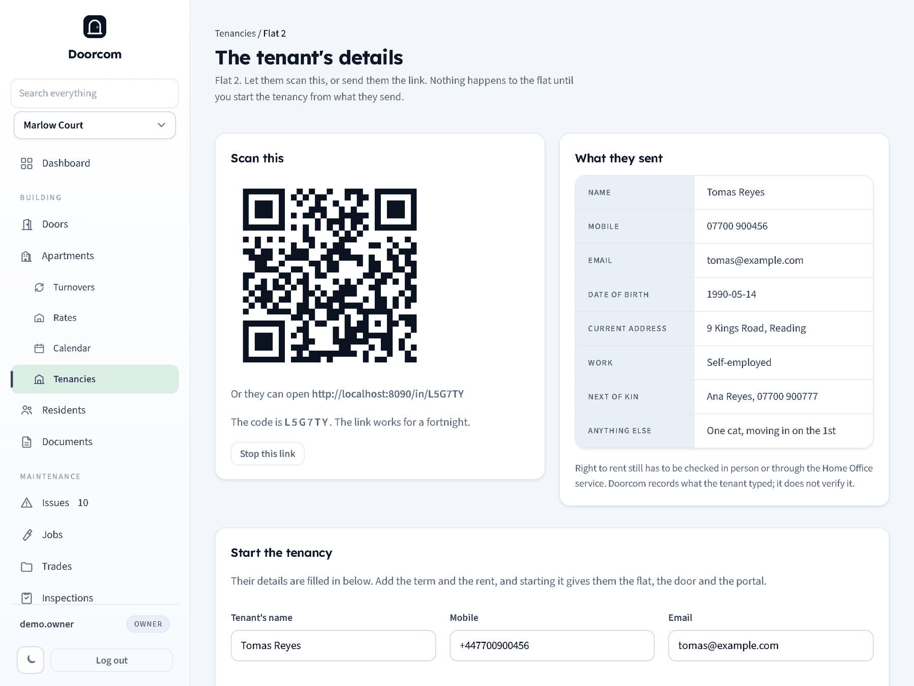 The tenant details page: the QR and short code on the left, what the tenant sent on the right, and the start form underneath